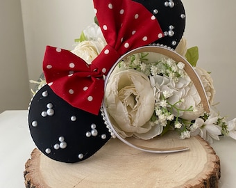 Black Ears with Red Polkadot Bow and Embellished Pearls - Handmade Ears