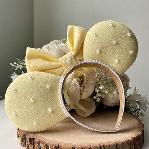 Butter Yellow Flannel Ears with Bow and Embellished Pearls - Handmade Ears image 2