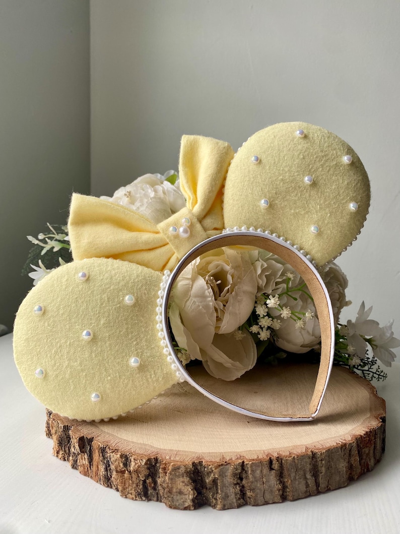 Butter Yellow Flannel Ears with Bow and Embellished Pearls - Handmade Ears image 2