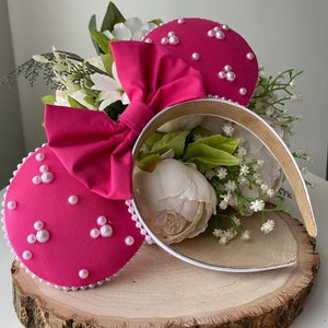 Hot Pink Ears with Hot Pink Bow and Embellished Pearls - Handmade Ears