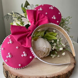 Hot Pink Ears with Hot Pink Bow and Embellished Pearls - Handmade Ears