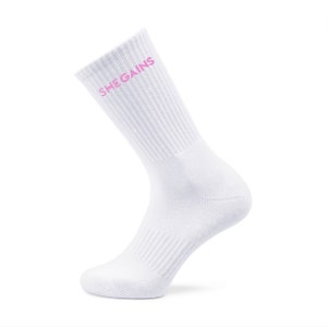 May include: White crew socks with a pink "SHE GAINS" logo on the top.