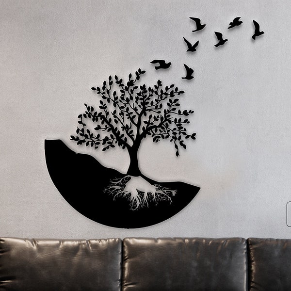 Tree with roots bird silhouette perfect for wall art or heat transfer svg vector machine design