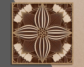 Pode incluir: Um design de mandala marrom e branco com um padrão de flores. O design é intrincado e detalhado, com uma forma circular e um ponto central.