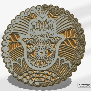 Könnte beinhalten: Ein kreisförmiges Design mit einer Hamsa-Hand und einem Auge in der Mitte. Das Design ist in Grautönen und Gold gehalten und hat ein kompliziertes Muster.
