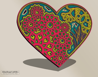 3D Floral Heart Mandala SVG Files, Wedding Panel, Files for Laser Cutting, Multilayer Decorative Panel, Laser Glowforge files, Zentangle SVG