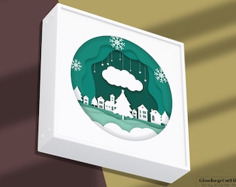 Merry Christmas Shadow Box/Lightbox Snow Santa's Cabin - Christmas/ Christmas winter in forest 3D Paper Cut Template Light Box SVG Digital
