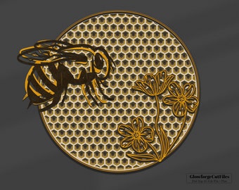 Favo de mel abelha modelo mandala multicamadas arquivo de corte a laser, uso comercial, arte de parede decoração de casa CNC download dxf svg ai dwg cricut 3d