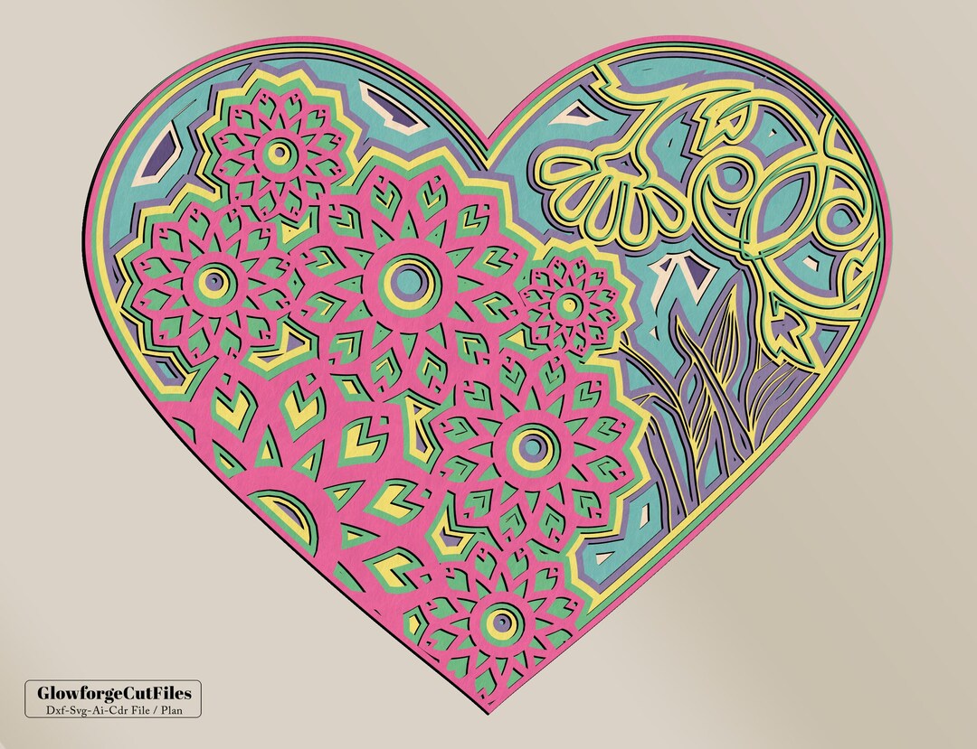 3D Floral Heart Mandala SVG Files, Wedding Panel, 7 Layer Files for ...