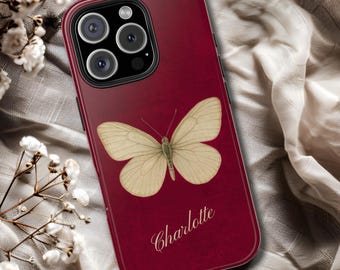Name Personalised Sepia Butterfly Tough Phone Cases iPhone & Samsung Vintage Ruby-Color Old Book Cover Aesthetic Gift for Her Phone Charm
