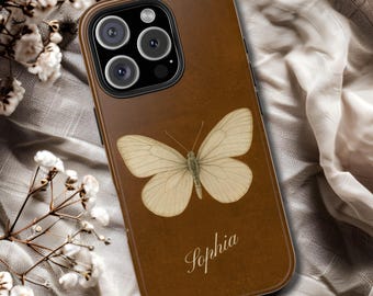 Name Personalised Sepia Butterfly Tough Phone Cases iPhone & Samsung Vintage Maroon-Color Old Book Cover Aesthetic Gift for Her Phone Charm