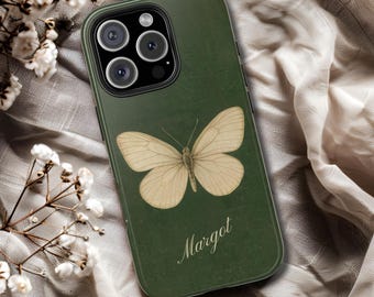 Name Personalised Sepia Butterfly Tough Phone Cases iPhone & Samsung Vintage Green-Color Old Book Cover Aesthetic Gift for Her Phone Charm