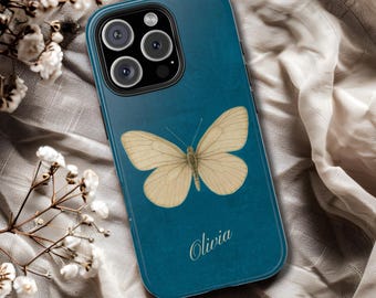Name Personalised Sepia Butterfly Tough Phone Cases iPhone & Samsung Vintage Blue-Color Old Book Cover Aesthetic Gift for Her Phone Charm