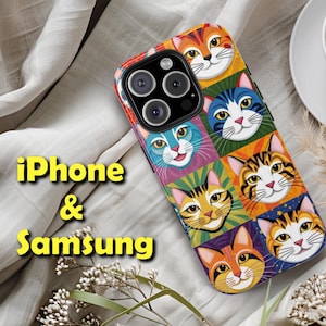 Tough Phone Case Colorful Cat Faces Nature iPhone and Samsung Cute Funny Unique Design Perfect Gift for Cat Lovers Animal Lovers Pet Lovers