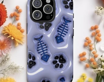 Paw & Fish Pattern Phone Case iPhone and Samsung Glossy Texture Protective Unique Cat Lover Gift for Her Phone Charm Cute Animal Theme