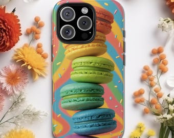 Rainbow Macarons Tough Phone Case iPhone & Samsung Cool Glossy Texture Gift for Her Phone Charm Unique Cool Whimsical Pop-Art Aesthetic