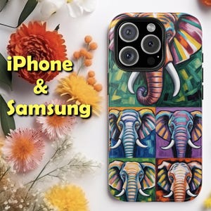 Tough Phone Case Colorful Elephant Faces Nature iPhone Samsung Cute Funny Unique Design Perfect Gift for Elephant Lovers Animal Zoo Lovers
