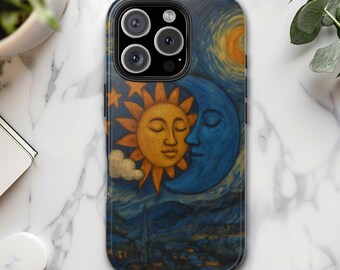 Whimsical Night Sky Tough Phone Case iPhone & Samsung Cool Van Gogh Swirly Sky Paint Moon and Sun Lovers Protective Gift for Her Phone Charm