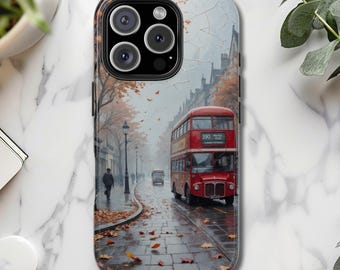 Iconic London Bus Tough Phone Case iPhone & Samsung Cool Cracked Porcelain Texture Style Gift for Her Phone Charm Unique Paint Beautiful Art