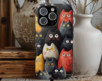 Charming Stacked Cats Tough Phone Case iPhone & Samsung Handmade Feel Texture Gift for Her Phone Charm Unique Whimsical Pop-Art Cat Lover