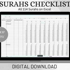 Puede incluir: Una pantalla de ordenador que muestra una hoja de cálculo con el título "Surahs Checklist" y el texto "All 114 Surahs on Excel". La hoja de cálculo tiene columnas para el número de la sura, el nombre de la sura, la fecha de inicio y la fecha de finalización. La hoja de cálculo está dividida en filas, con cada fila representando una sura diferente. La hoja de cálculo es una descarga digital.