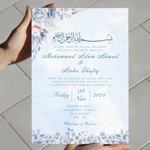 Szablon zaproszenia na islamski Nikkah do wydrukowania Karta muzułmańskiego ślubu Małżeństwo Niestandardowe zaproszenie na ceremonię Nikkah Cyfrowe edytowalne arabskie kwiaty