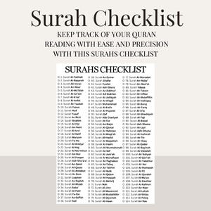 Quran Surah Checklist Progress Tracker for Reading Memorisation Islamic Planner Journal Muslim Productivity Chart Study Aid Kids Adult Hifdh