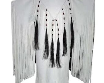 Women's handmade Long Fringed Beaded Leather white Wedding Dress for Women Powwow