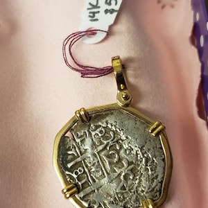 Authentic Atocha replica coin in 14k bezel & bale