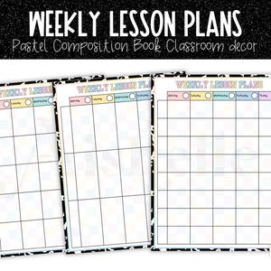 May include: Three identical weekly lesson plan templates featuring a grid layout with columns for Monday through Friday. Each header includes pastel-coloured circles and the text WEEKLY LESSON PLANS. The borders have a black and white speckled pattern.