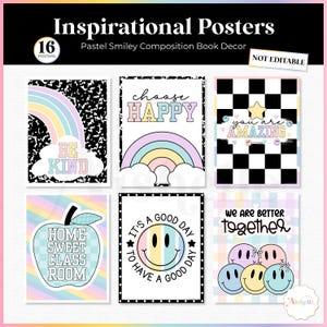 Pósteres de colores pastel para el aula / Decoración para el aula con cuadernos de composición con caritas sonrientes / Uso personal / PDF