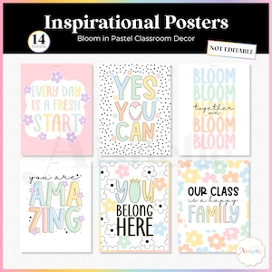 Può includere: Un set di 14 poster ispiratori con decorazioni per aule in tonalità pastello. I design includono frasi come Every Day Is A Fresh Start, Yes You Can, Bloom Together, You Are Amazing, You Belong Here e Our Class Is A Happy Family.