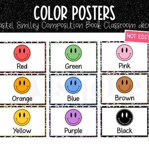May include: Color posters with smiley faces in various colors, including red, green, and pink. Each poster has a black and white patterned border and includes the color name. The text "COLOR POSTERS" is at the top.
