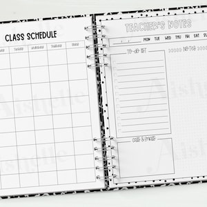 May include: Open notebook with a black and white polka dot design. The left page displays a class schedule grid, while the right page features "Teacher's Notes" with sections for to-do lists and notes. A pencil and binder clips are on the side.