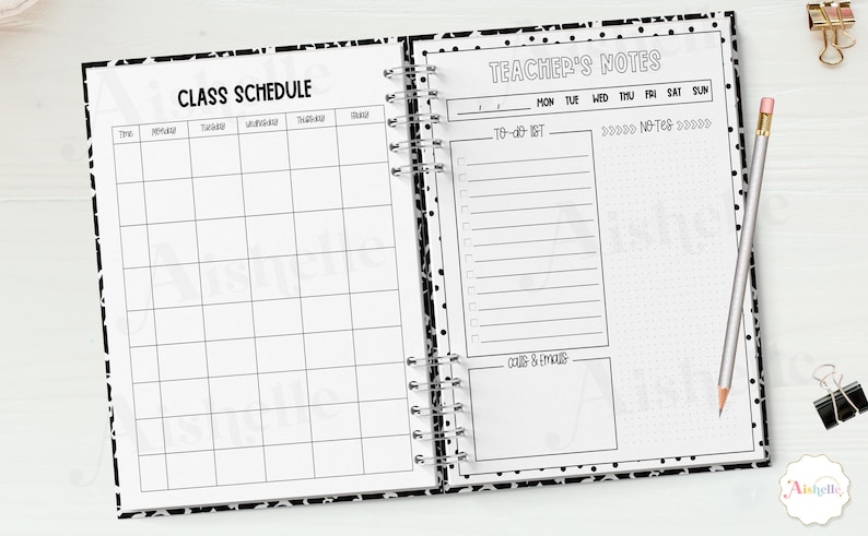 May include: Open notebook with a black and white polka dot design. The left page displays a class schedule grid, while the right page features "Teacher's Notes" with sections for to-do lists and notes. A pencil and binder clips are on the side.