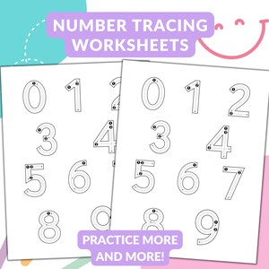 Pu&ograve; includere: Due fogli di lavoro bianchi per ricalcare i numeri da 0 a 9. I fogli di lavoro hanno il testo "NUMBER TRACING WORKSHEETS" e "PRACTICE MORE AND MORE!" in viola e bianco. I numeri sono delineati con frecce.