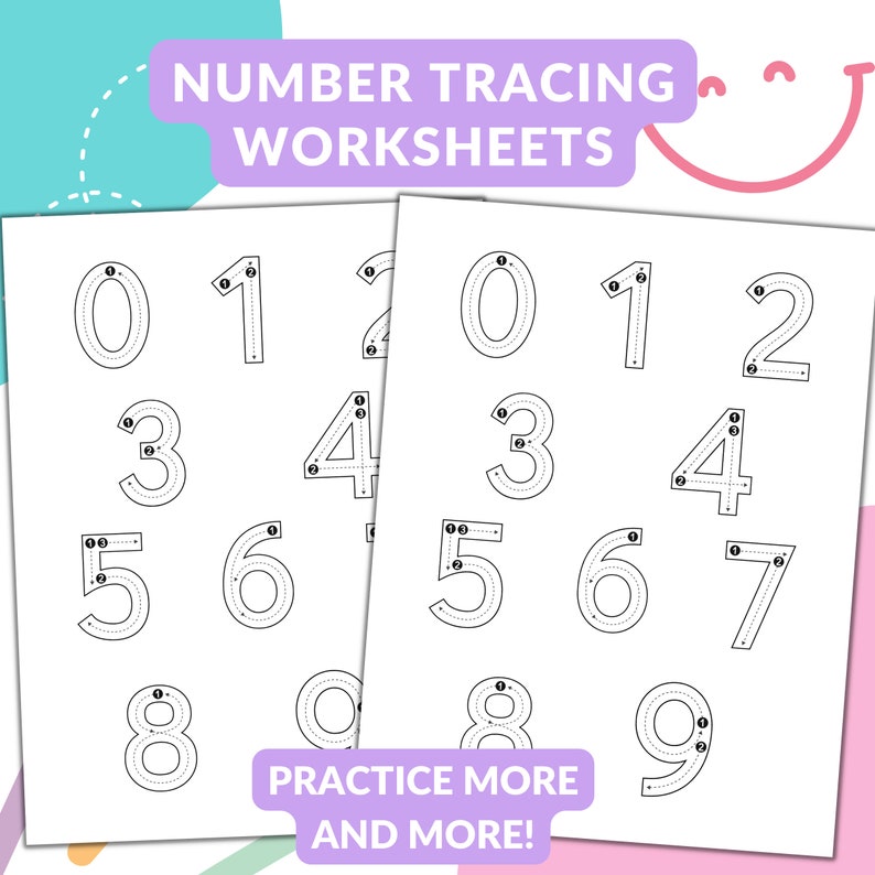 Pu&ograve; includere: Due fogli di lavoro bianchi per ricalcare i numeri da 0 a 9. I fogli di lavoro hanno il testo "NUMBER TRACING WORKSHEETS" e "PRACTICE MORE AND MORE!" in viola e bianco. I numeri sono delineati con frecce.