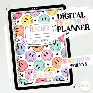 Könnte beinhalten: Digitaler Lehrerplaner mit Regenbogen-Smiley-Design. Der Planer hat ein weißes Cover mit einem Etikett mit der Aufschrift "Teacher Lesson Planner". Der Text "Digital Teacher Planner" und "Rainbow Smileys" sind ebenfalls sichtbar.