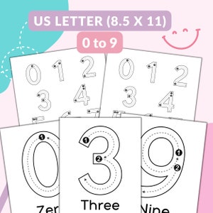 Pu&ograve; includere: Fogli di carta bianchi con contorni neri dei numeri da 0 a 9, progettati per il tracciamento. Il testo "US LETTER (21,6 x 27,9 cm)" e "0 a 9" sono in alto. I numeri sono etichettati con le parole "Zero", "Three" e "Nine".
