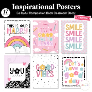 May include: A set of 6 colorful inspirational posters with positive messages. Designs include rainbows, flowers, and phrases like "This is our happy place" and "Good Vibes." The posters are designed for classroom decor.