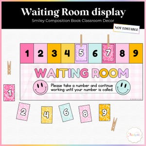 Può includere: Un display per la sala d'attesa in classe con un cartello recante il testo Waiting Room, Please take a number and continue working until your number is called, due faccine sorridenti e carte numerate da uno a nove in colori pastello.