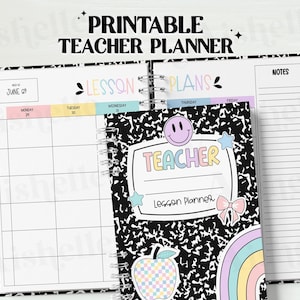 Könnte beinhalten: Ein druckbarer Lehrerplaner mit einem schwarz-weißen Notizbuchdesign. Der Planer enthält Stundenpläne, einen Kalender und einen Notizbereich. Das Notizbuch ist mit einem Smiley, Sternen, einer Schleife, einem Apfel und einem Regenbogen verziert.
