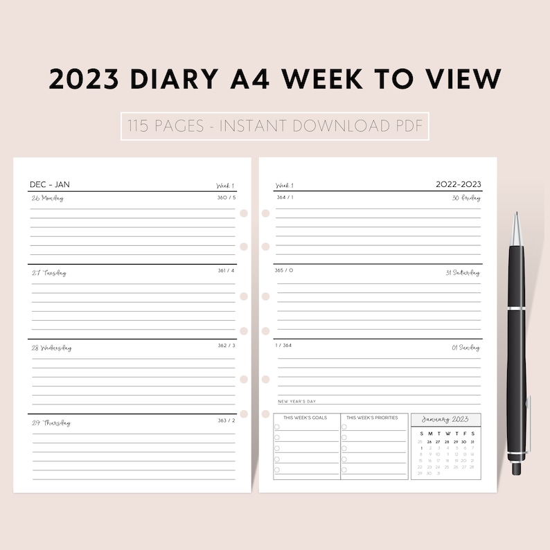 2023-diary-a4-week-to-view-2023-printable-planner-2023-etsy-france