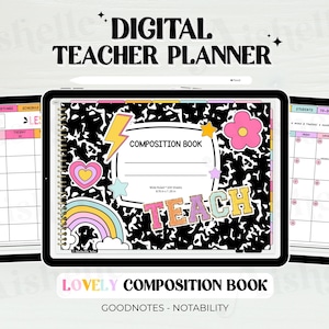 May include: Digital teacher planner on three tablets. The central tablet has a composition book design with a lightning bolt, heart, rainbow, and the word "TEACH". The other tablets display calendar and to-do list pages.