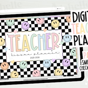 Digital Teacher Planner 2025-2026 | Teacher Goodnotes | with Checkered Pastel Smiley Theme | PERSONAL USE
