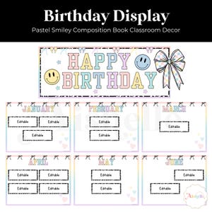Printable Classroom Birthday Display | Pastel Smiley Composition Notebook Classroom Decor | PERSONAL USE