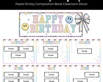 Printable Classroom Birthday Display | Pastel Smiley Composition Notebook Classroom Decor | PERSONAL USE