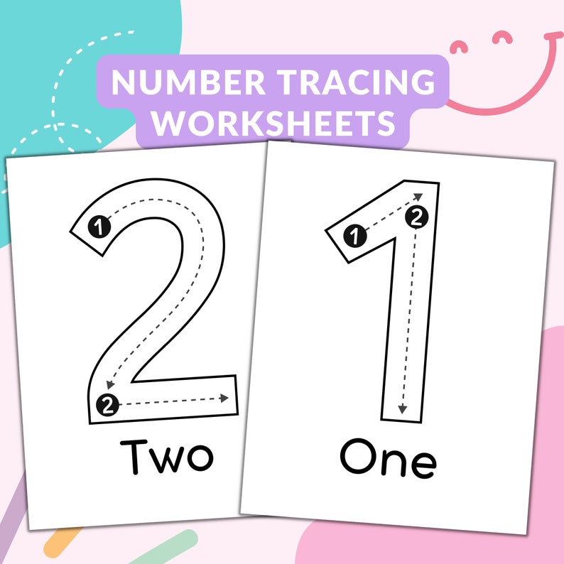Pu&ograve; includere: Due fogli di lavoro bianchi per il tracciamento dei numeri con i numeri 2 e 1. I fogli di lavoro hanno linee tratteggiate per il tracciamento, con frecce che indicano la direzione. Le parole "Two" e "One" sono scritte sotto. Lo sfondo &egrave; rosa chiaro e verde acqua.