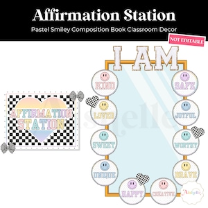 May include: An affirmation station classroom decor set featuring a rectangular sign with a heart and checkerboard pattern, and a mirror frame with circular cutouts displaying smiley faces and words like KIND, SAFE, LOVED, JOYFUL, SWEET, WORTHY, UNIQUE, HAPPY, CREATIVE, and BRAVE.