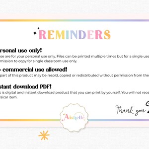 May include: A digital download reminder sheet with a pastel rainbow border and the word "REMINDERS" in colorful text. The sheet includes text about personal use, no commercial use, and instant download PDF format. A small cartoon figure is included.